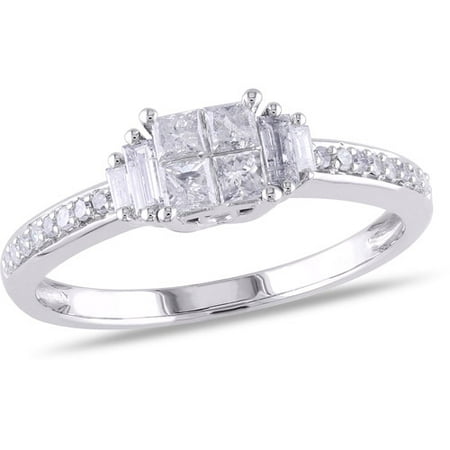 1/2 Carat T.W. Princess, Baguette and Round-Cut Diamond Engagement Ring in 10kt White (Best Princess Cut Diamond Rings)