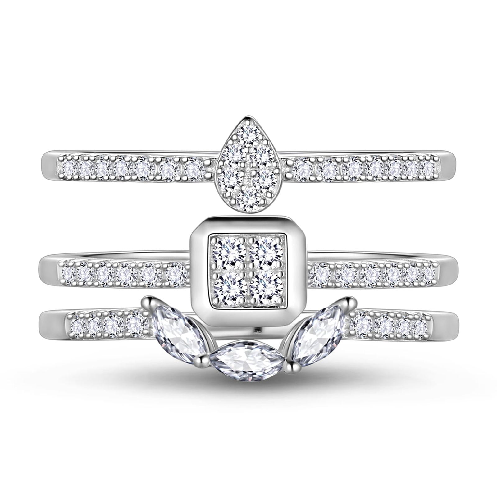 Beautlace 3 PCS 925 Sterling Silver Stackable Rings Set,CZ Wedding Pear Band Rings for Women Size7