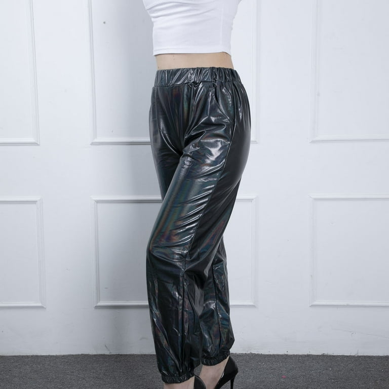 Women's Metallic Shiny Jogger Casual Holographic Color Streetwear Pants Hip  Hop Fashion Smooth Elastic Trousers Disco Dance Clubwear, Black&XXL 