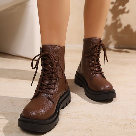 Brown Combat Boots,Lace Up Lug Sole Boots,Low Top Ankle Booties,Women Vintage Lace Up Combat Boots Thick Lug Sole Low Top Ankle Booties Casual Work Booties,Coffee 5.5