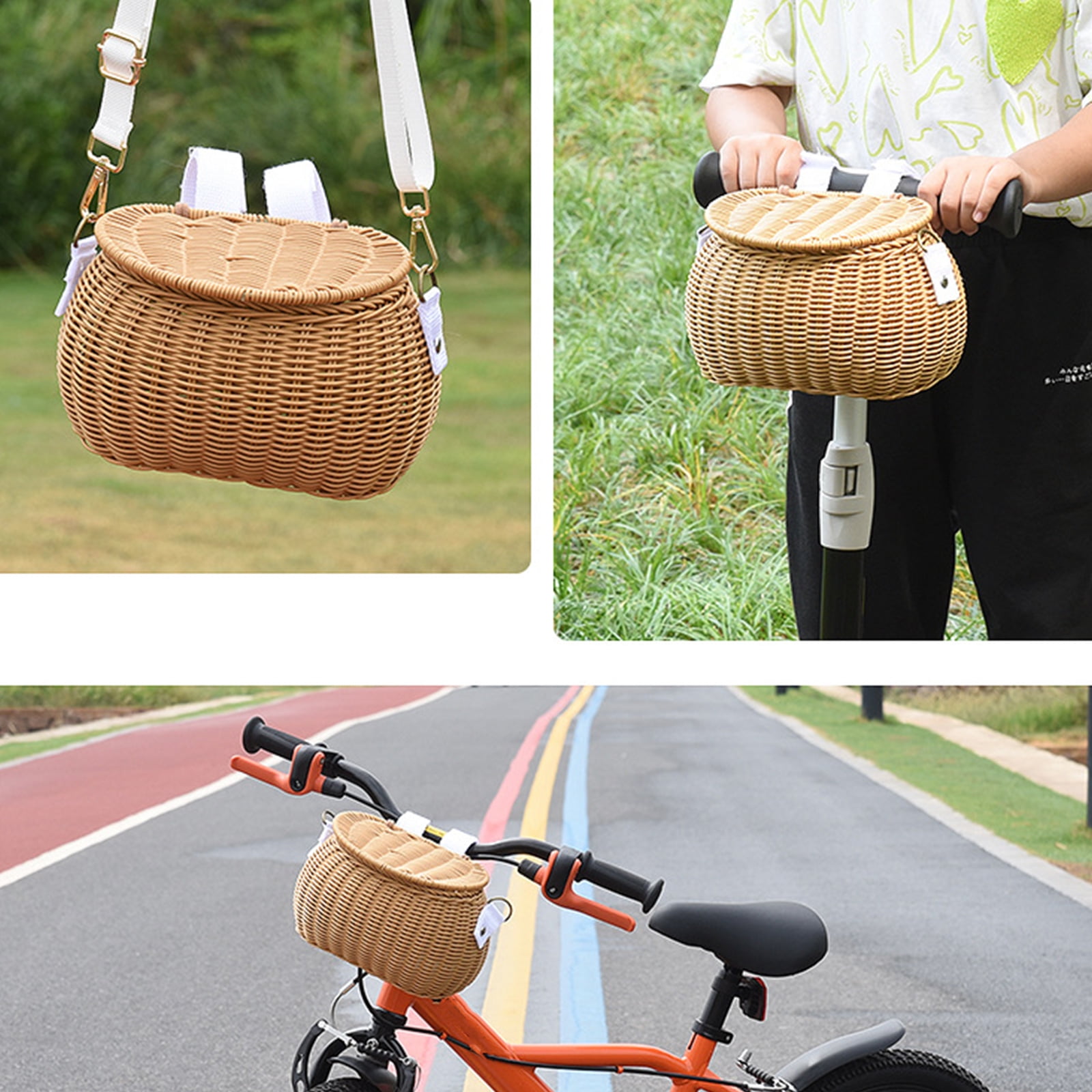 UNTERING Bicycles Wicker Basket Front Handlebars Basket with Belt and Lid Wovens Bikes Basket for Kids Bikes, Scooter