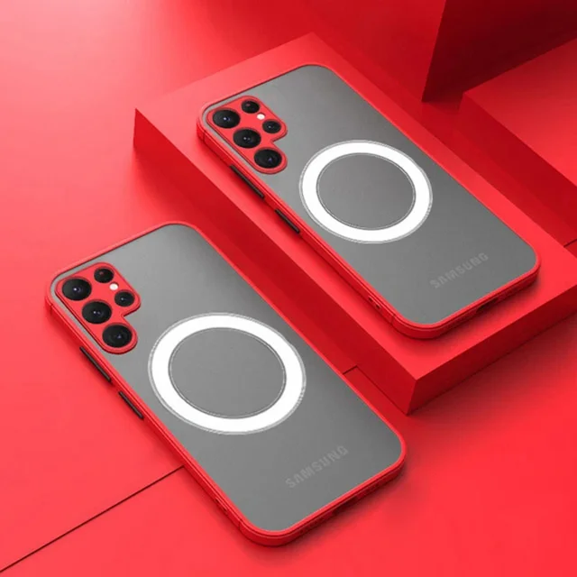 Matte Frosted For Magsafe Magnetic Wireless Charging Case For Samsung Galaxy S24 S23 S22 S21 Ultra Plus FE Shockproof Hard Cover Red For S22Plus