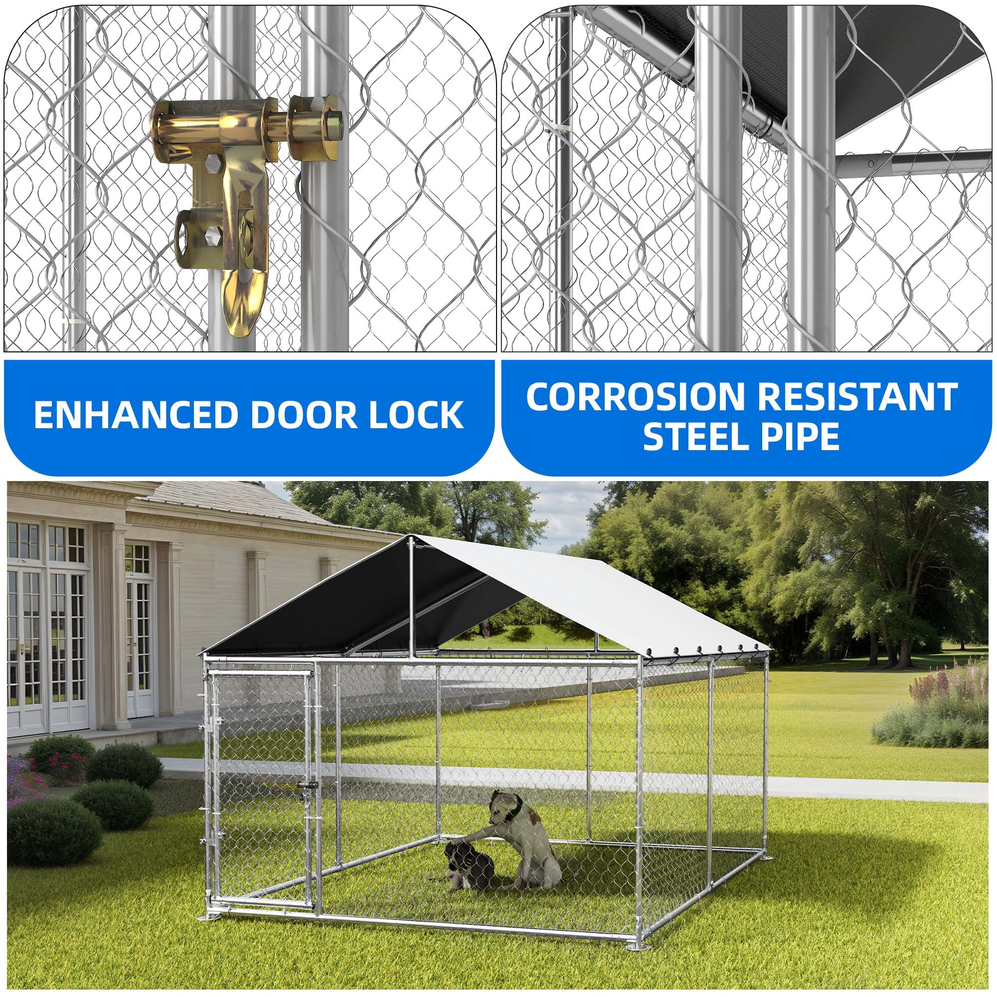 Dextrus 7.5'x7.5' Outdoor Dog Kennel with Metal Dog Gate, Outdoor Dog Enclosure with Roof, Heavy Duty Dog Kennel for Outdoor Backyard Farm