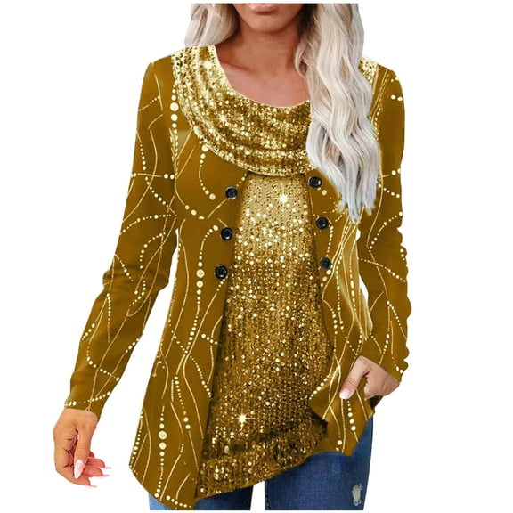 AOOCHASLIY Christmas Tops Women's Beaded Patchwork Printed Pendant Collar Long Sleeved Tops
