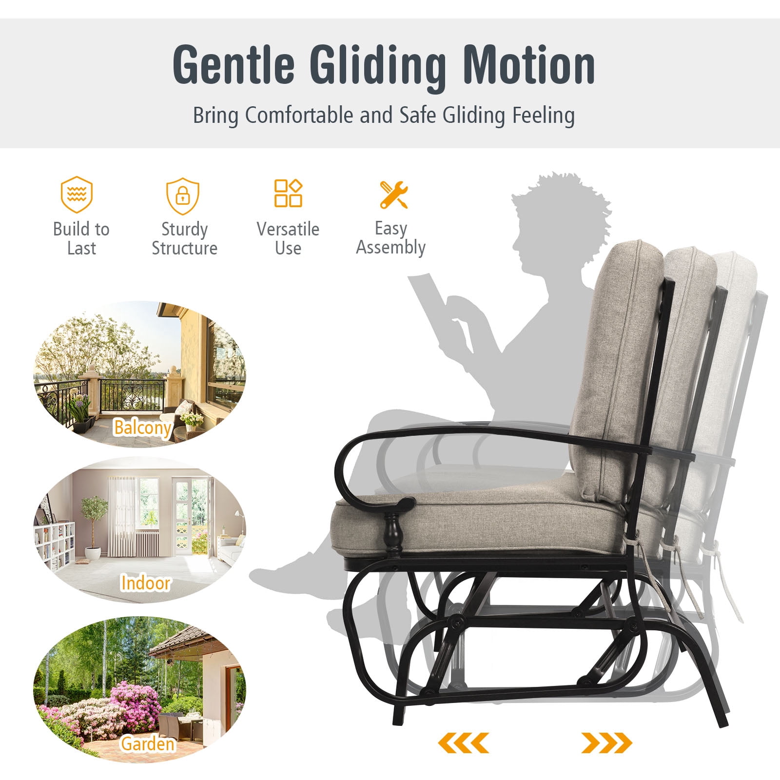 Topbuy 2-Person Outdoor Bench Patio Swing Glider Chair with Cushions Rocking Chair Cushioned Sofa Beige