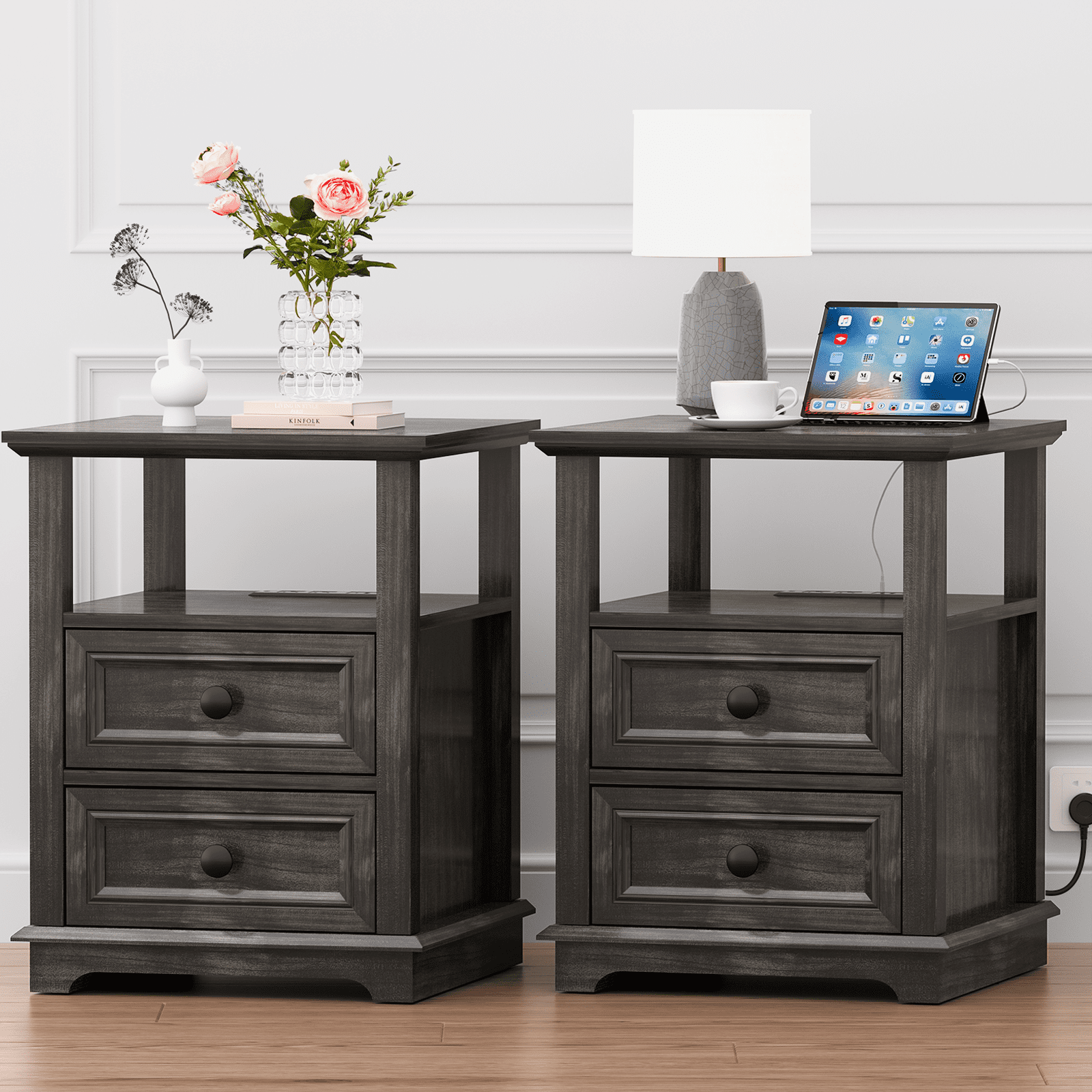REDAYFUR End Table with Fast USB C Charging Station,24” Tall Sofa Side Table with 2 Drawers, Large Storage Rustic Wood Square Storage Cabinet for Living Room,Bedroom,Office, Black