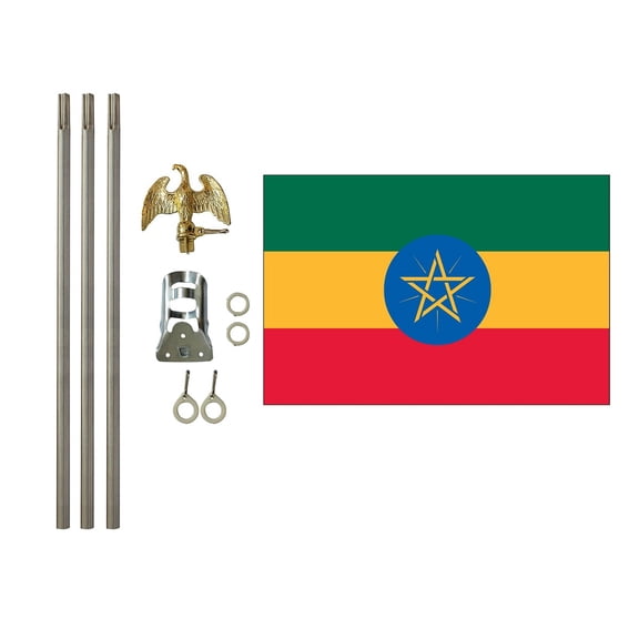 3x5 Polyester Ethiopia Flag with 6 foot Pole Kit; Contains a 3x5 Polyester Flag, a 6 foot long 3/4inch Diameter Aluminum Pole and a Bracket