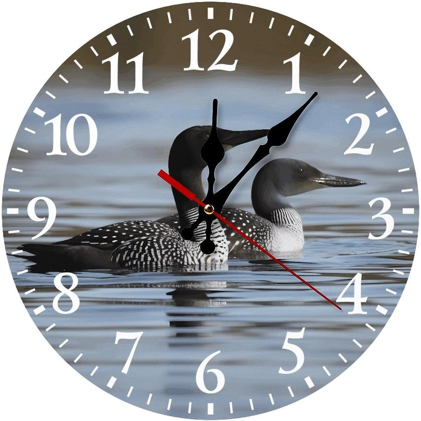 Loon Birds Wall Clock 10 Inch | Round Wooden Decorative Clocks, Battery Operated, Non Ticking Silent Wall Clocks for Living Room Bedroom Office Kitchen Hotel Bathroom Decor