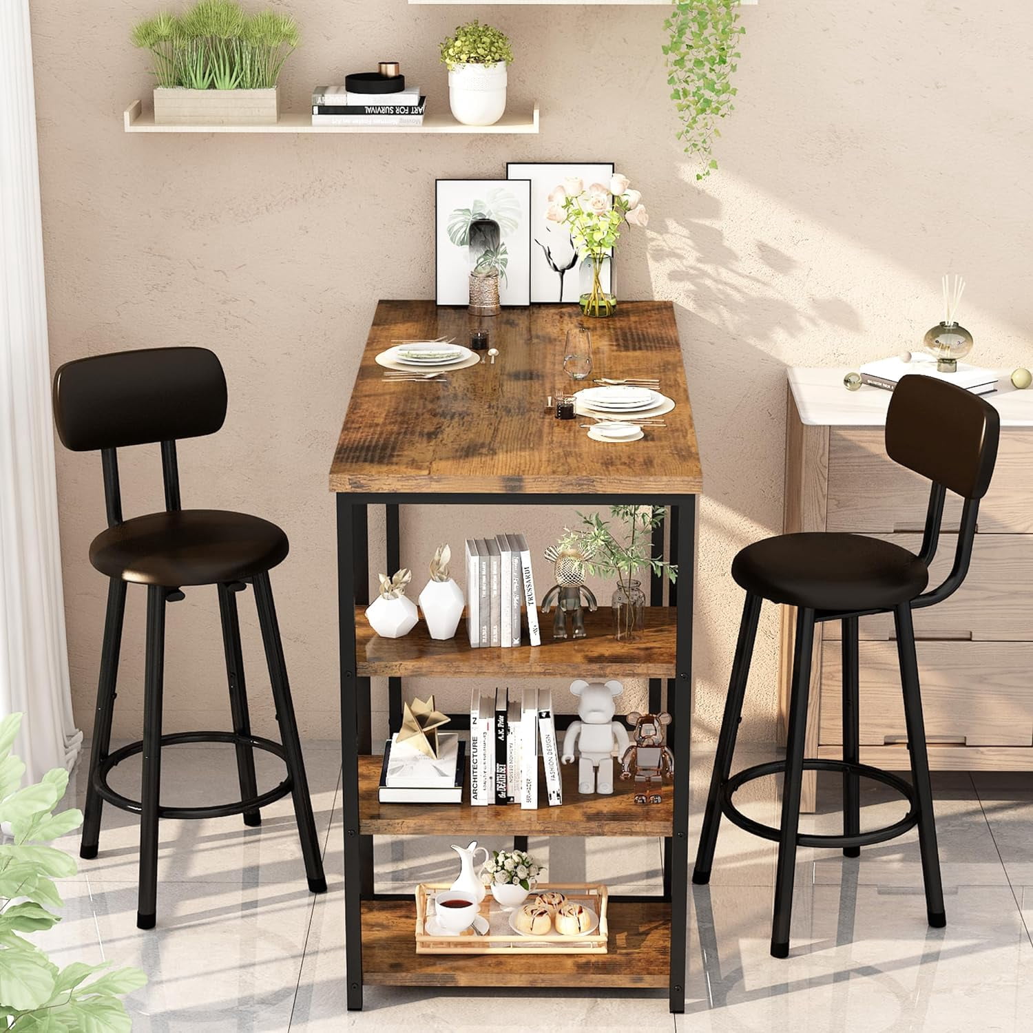 LinkRomat Dining Table Set for 2,3 Piece Pub Table and Chairs Set with Storage Shelves, Small Space Bistro Kitchen & Bar Tables, Counter Height Dining Set, Brown