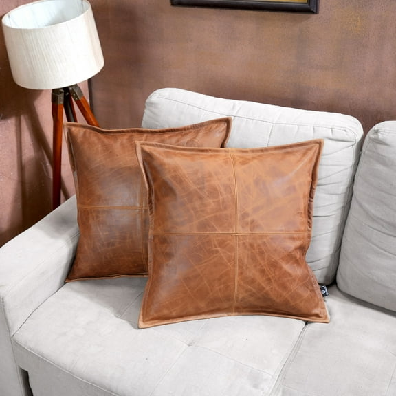 Lambskin Leather Pillow Cover, Sofa Cushion Case, Home Decor Style for Living Room & Bedroom, Cognac Box, 14x14