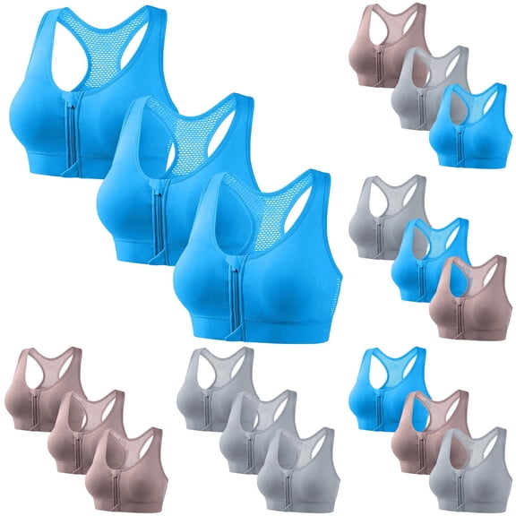 YanHoo 3 Pack Sports Bras for Women Push Up Zip Front Closure Bra Comfortable Wireless Mesh Bralettes Breathable Racerback Yoga Bra