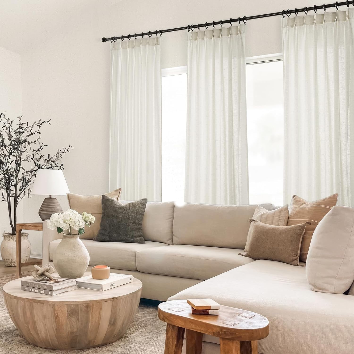 Pinch Pleated Curtains 90 Inches Long 2 Panels Set,Natural Cream Semi Sheer Cotton Blend Fabric Aesthetic Advanced Curtain Drapes for Living Room Bedroom,40x90 inch Length