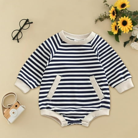 

NIUREDLTD Babys Girls Boys Winter Long Sleeved Romper Bodysuit Clothes Striped Print Pocket
