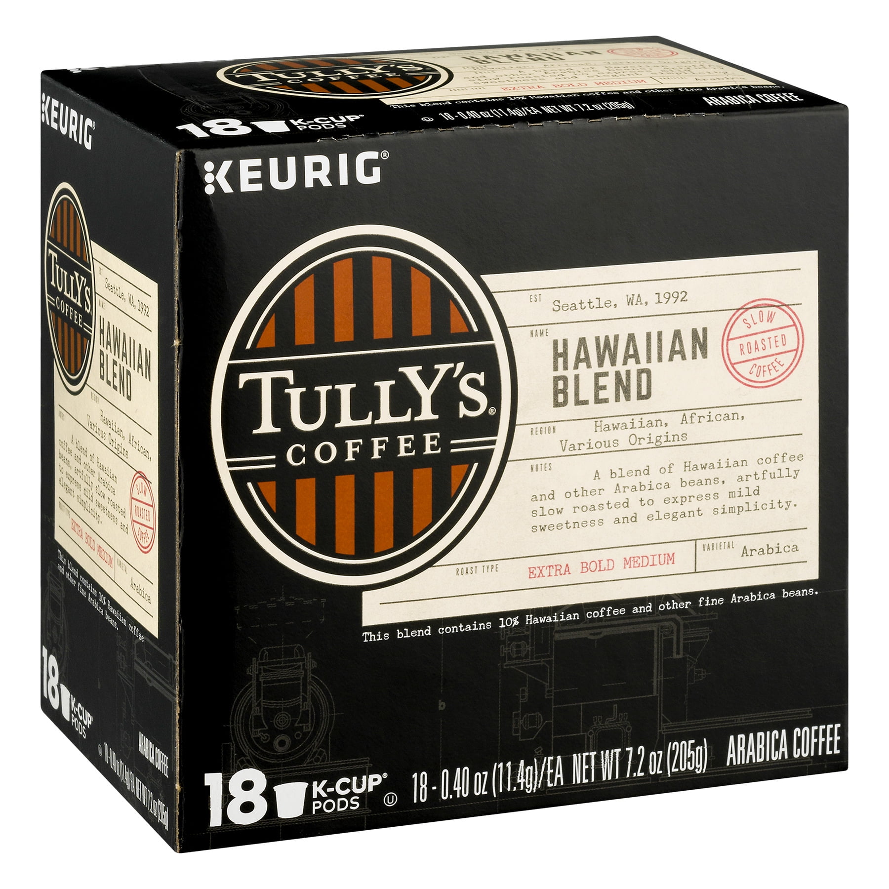 Tully's Coffee Hawaiian Blend, Keurig K-Cup Pod, Medium Roast, 18 Count for Keurig Brewers