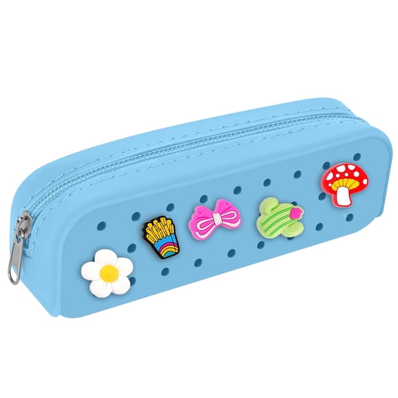 Silicone Small Pencil Pouch – Small Pencil Case with DIY Holes and Decorative Charms, Multipurpose Makeup Bag or Stationery Organizer, Large Capacity