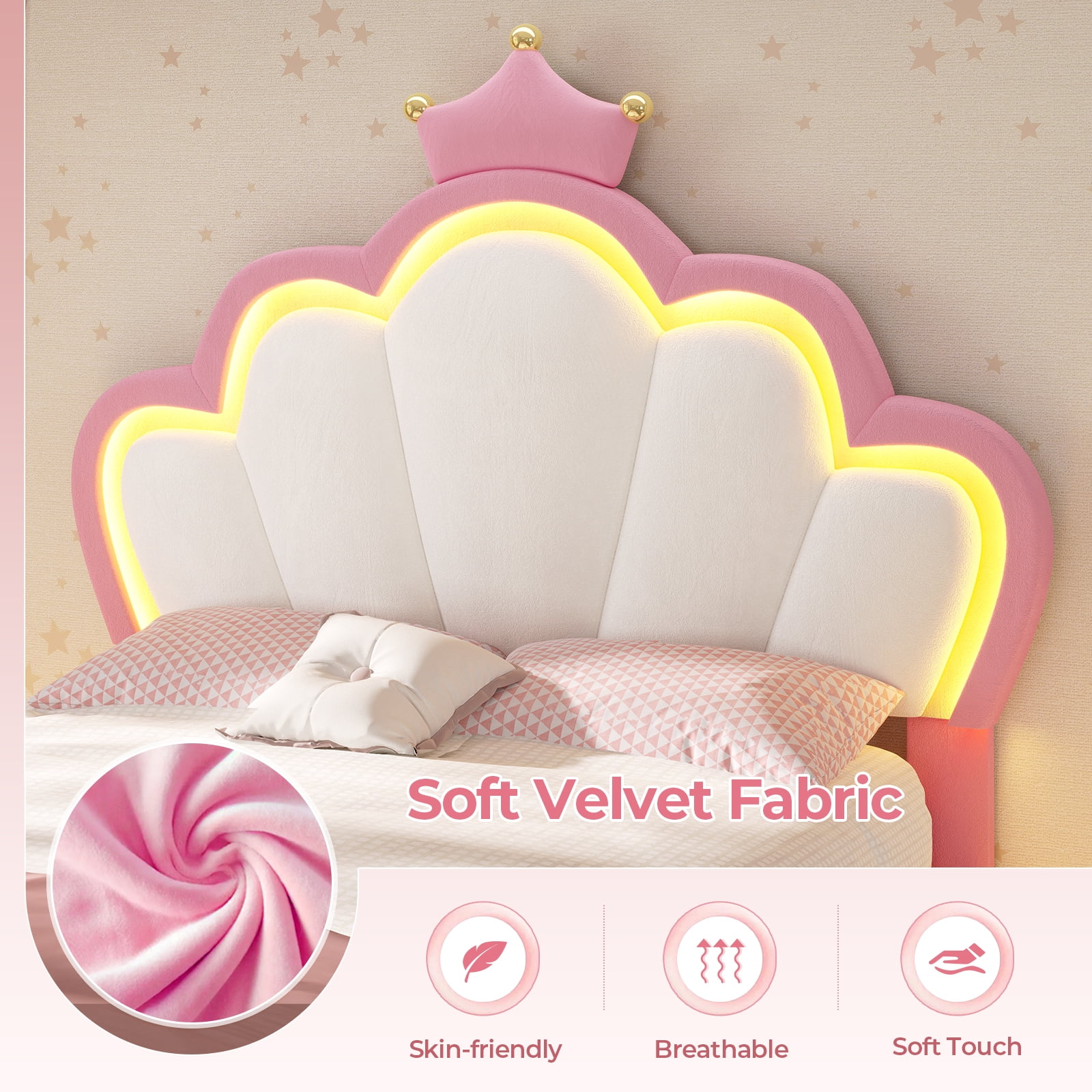 Twin Size Girl Bed Frame with LED Lights, Princess Bed with Adjustable Headboard, Twin Bed Velvet Upholstered Platform Bed with Princess Crown, Solid Wood Slats Support,Pink