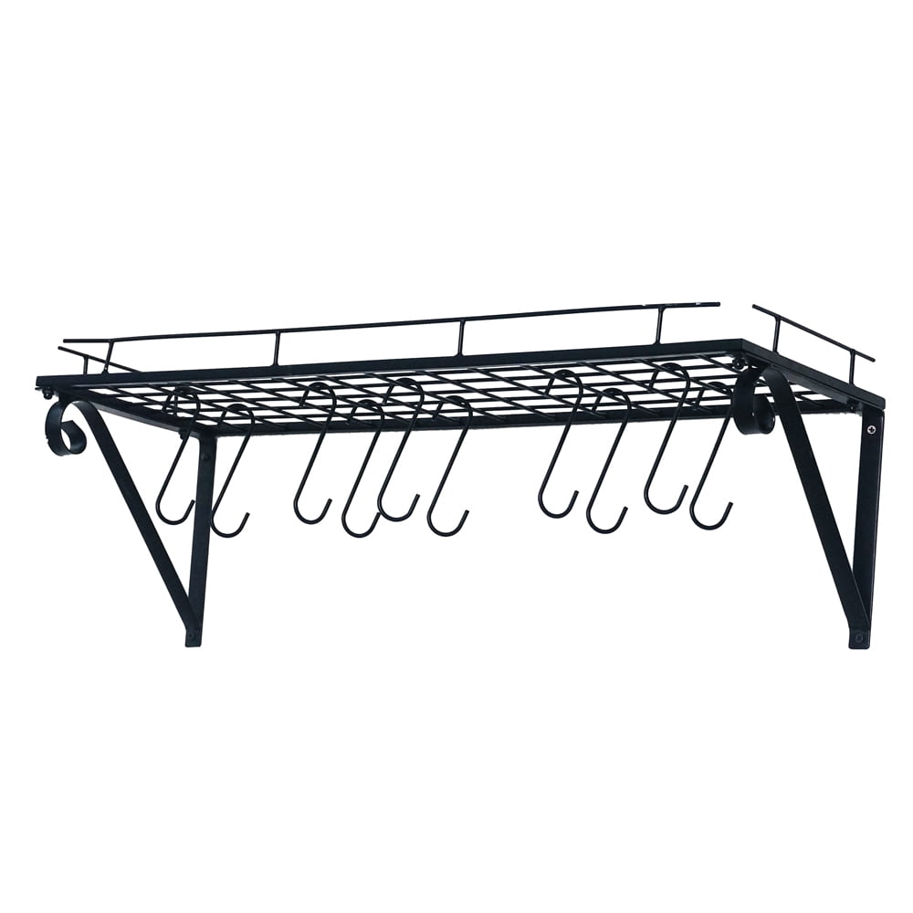 Kepooman 30" Kitchen Floating Pan Pot Rack for Utensils Cookware, Wall Mounted Pot Rack Storage Shelf with 10 Hooks, Black Kepooman 30" Kitchen Floating Pan Pot Rack for Utensils Cookware, Wall Mounted Pot Rack Storage Shelf with 10 Hooks, Black