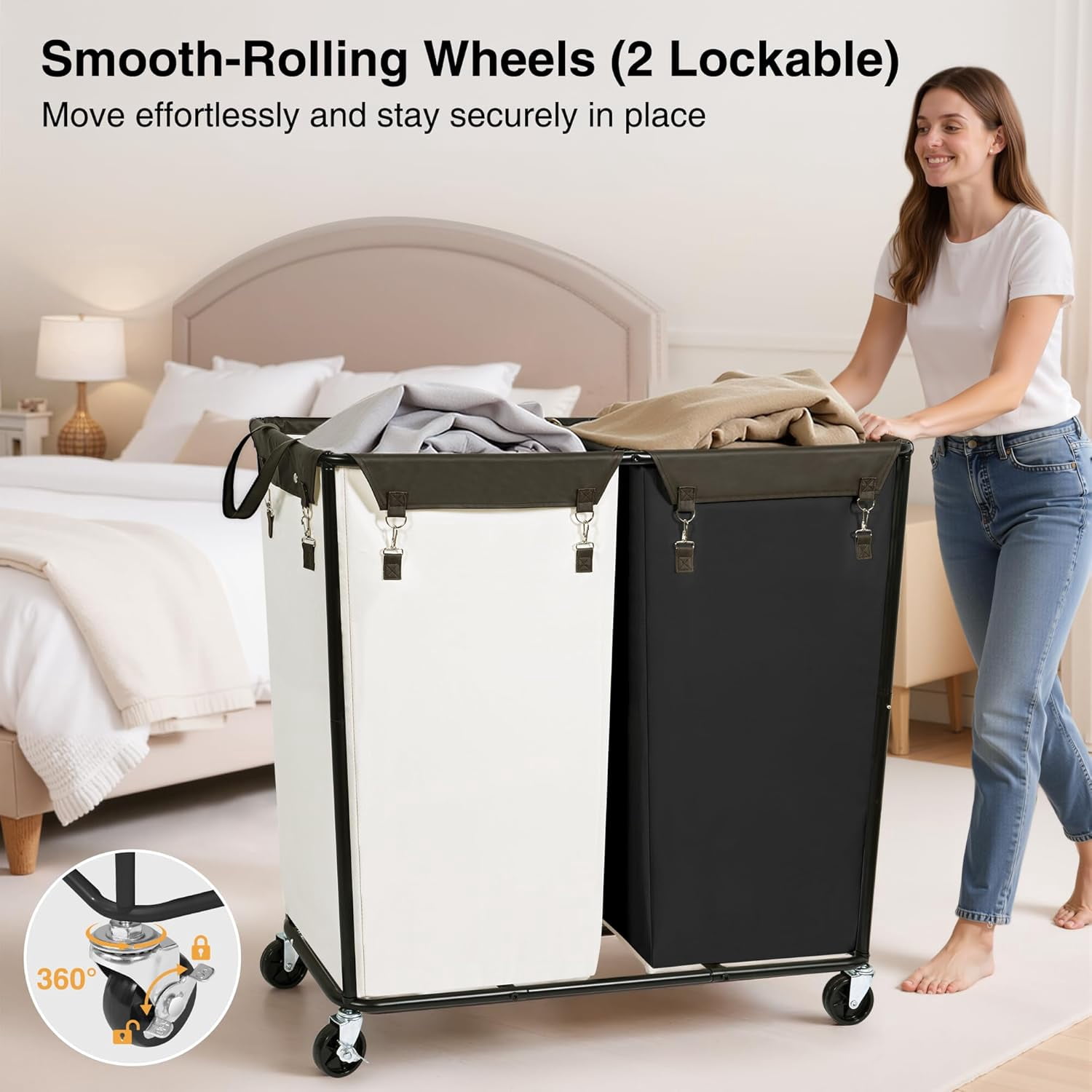280L Rolling Industrial Laundry Hamper with Wheels, 2-Compartment Extra Large Laundry Sorter, Heavy Duty Dirty Clothes Basket Cart with Metal Frame for Home or Commercial Use