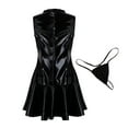 thumbnail image 2 of Aiihoo Women's PU Leather Wet Look High Collar Sleeveless Flare Mini Dress with G-String Briefs Black Medium, 2 of 6