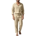 thumbnail image 3 of Men's Linen Blend Camp Collar Long Sleeve Shirt and Drawstring Pants Two Piece Outfit Khaki XXXL, 3 of 7