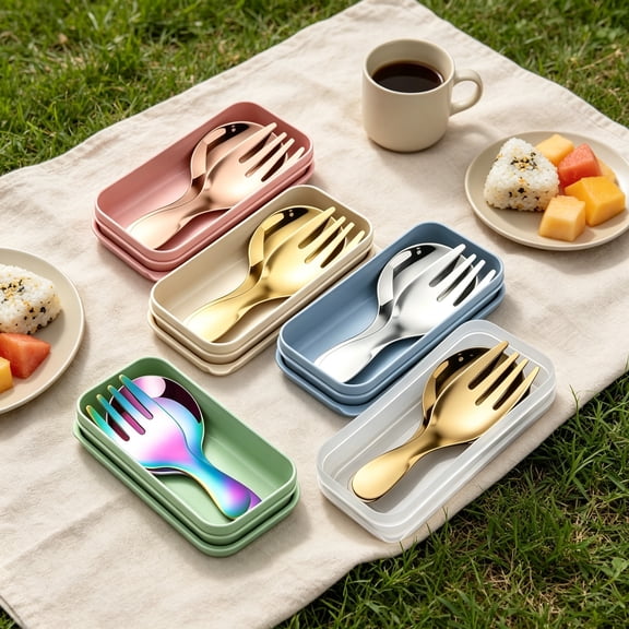 EXLEAF Stainless Steel Portable Spoon Fork Set, Short Handle Mini Cutlery, Rice Dessert Spoon Fruit Fork for Travel Office (Colorful)