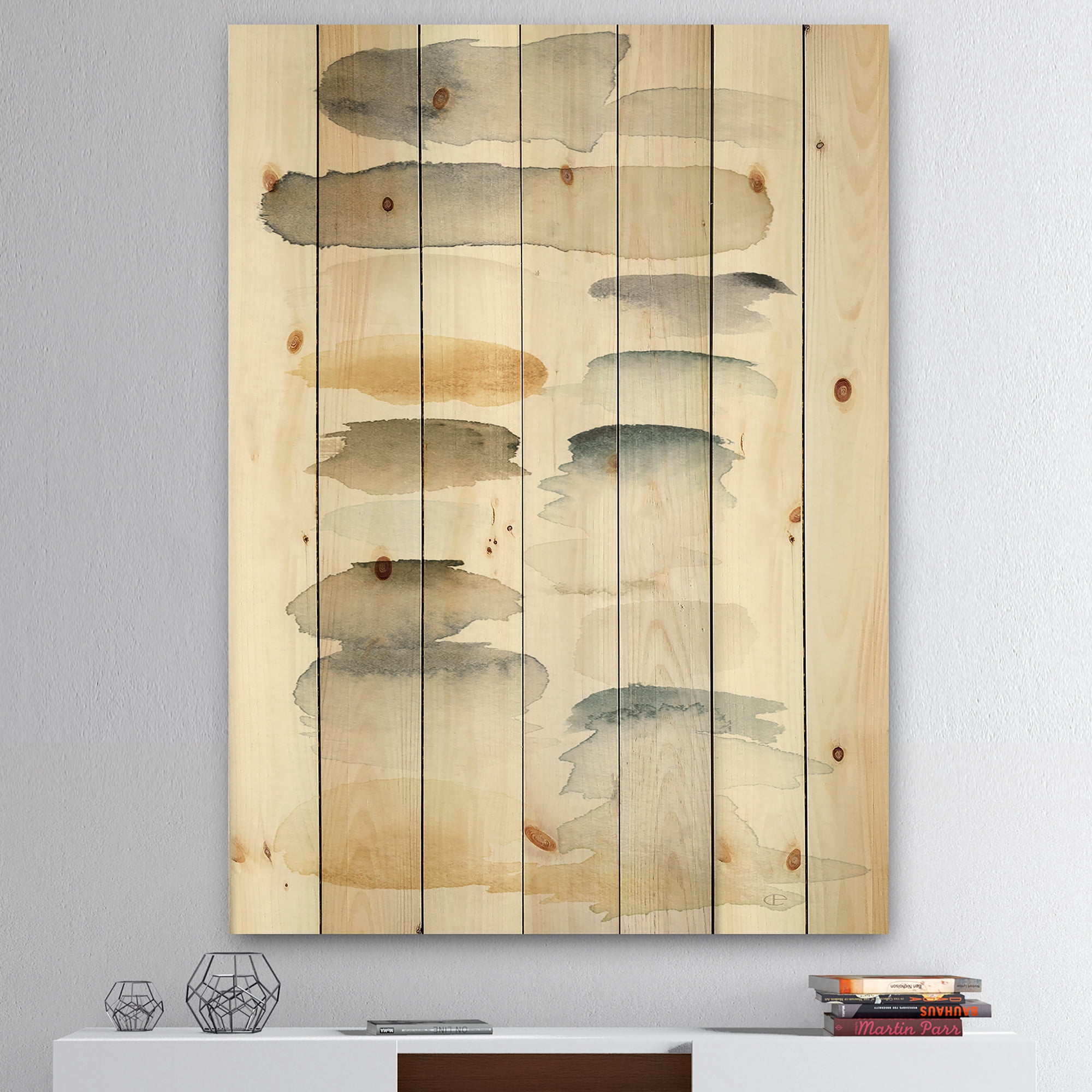 Designart 'Watercolor Geometric Swatch Element VI' Mid-Century Modern Transitional Print on Natural Pine Wood