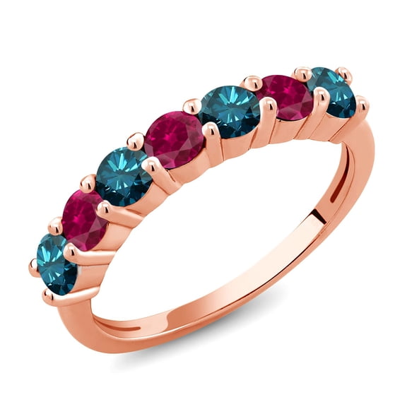 Gem Stone King 18K Rose Gold Plated Silver Round Blue Diamond Red Created Ruby Anniversary Ring for Women (1.35 Cttw, Gemstone Birthstone, Size 7) (Size 7)