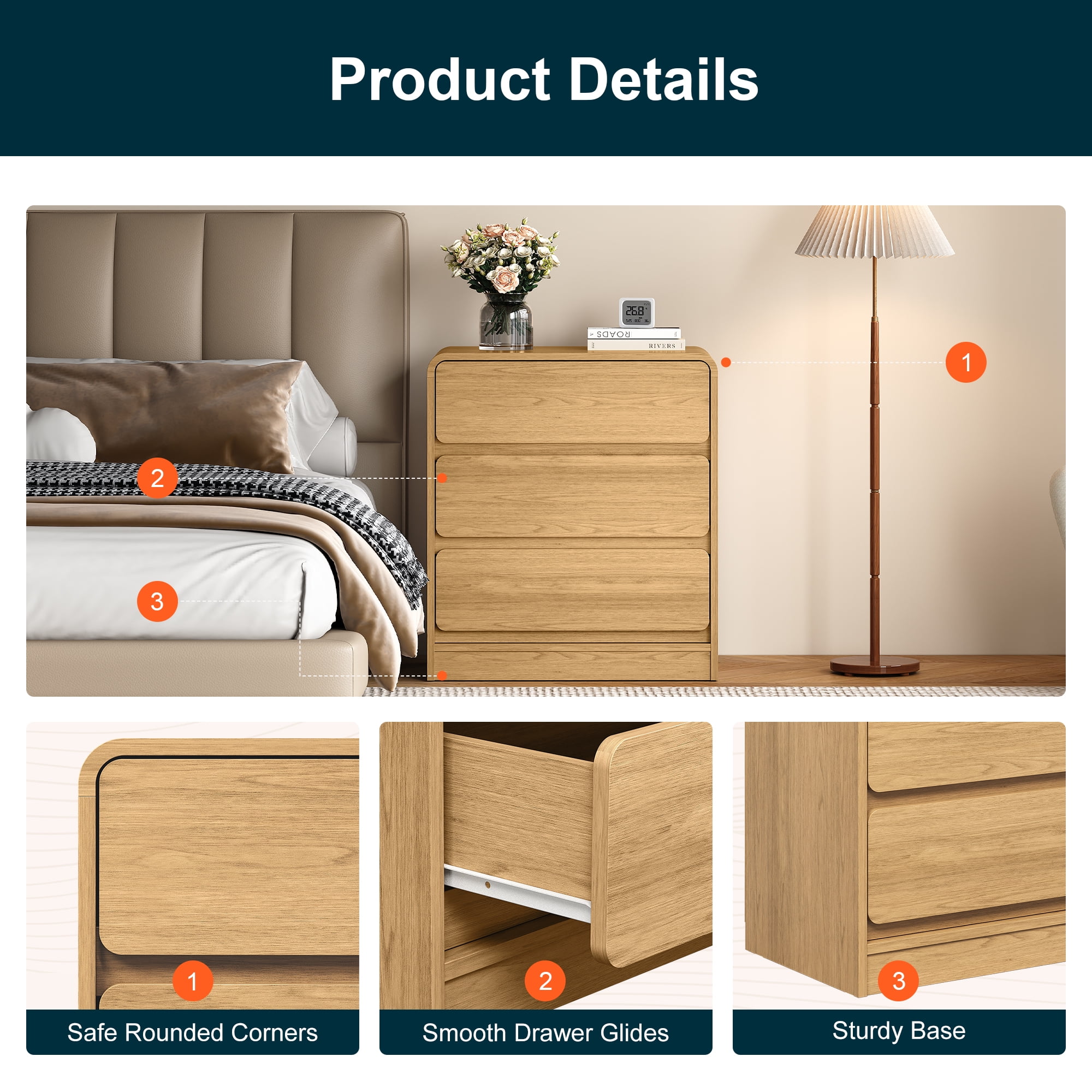 Heynemo Modern 3-Drawer Storage Dresser for Home and Office, Natural