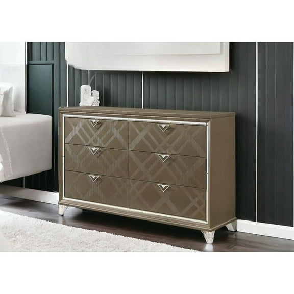 HomeRoots 42 x 66 x 18 in. Dark Champagne Solid & Manufactured Wood Six Drawers Standard Dresser