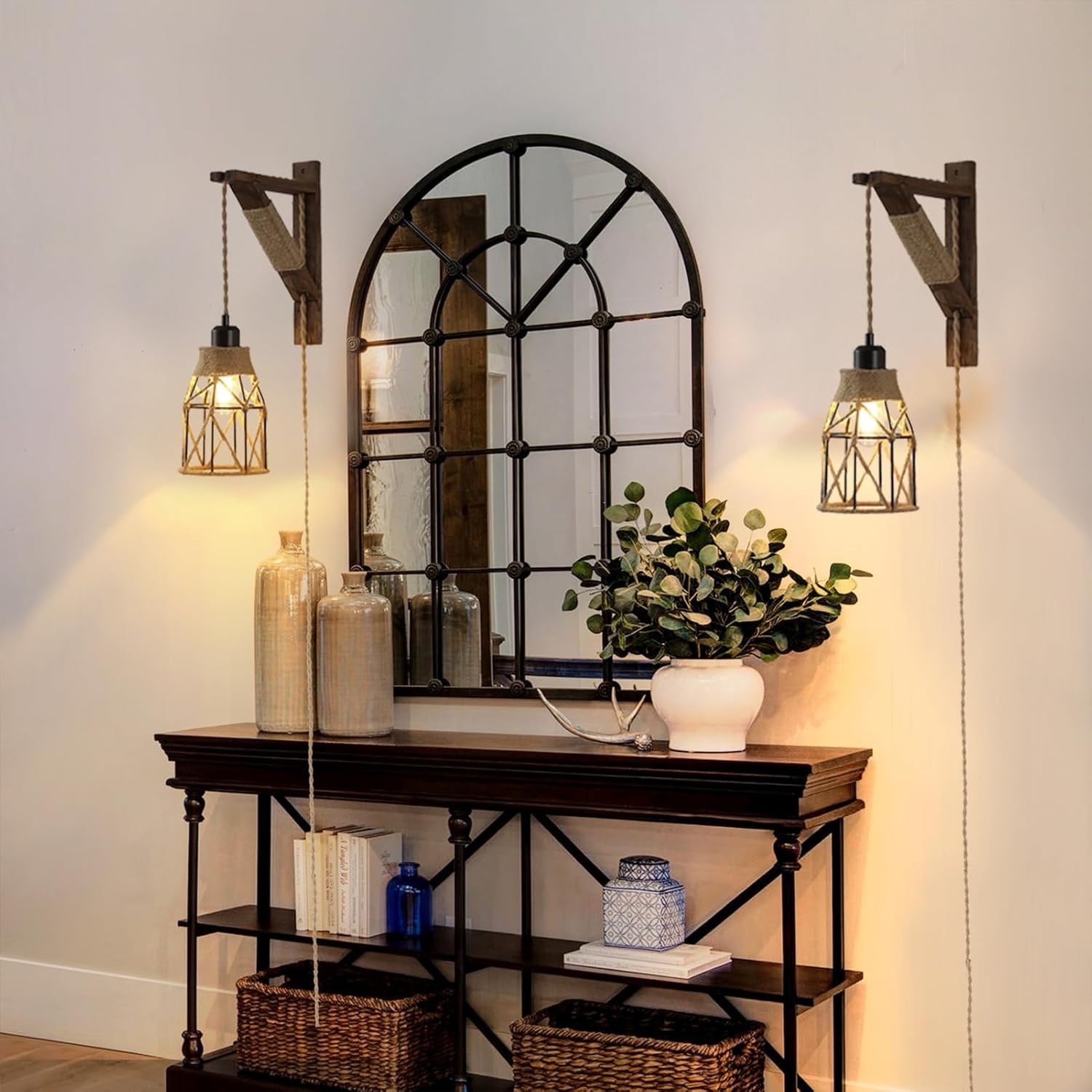 2-Pack  Plug-in Wall Sconces - Farmhouse Metal Cage Lights with Distressed Wood Brackets