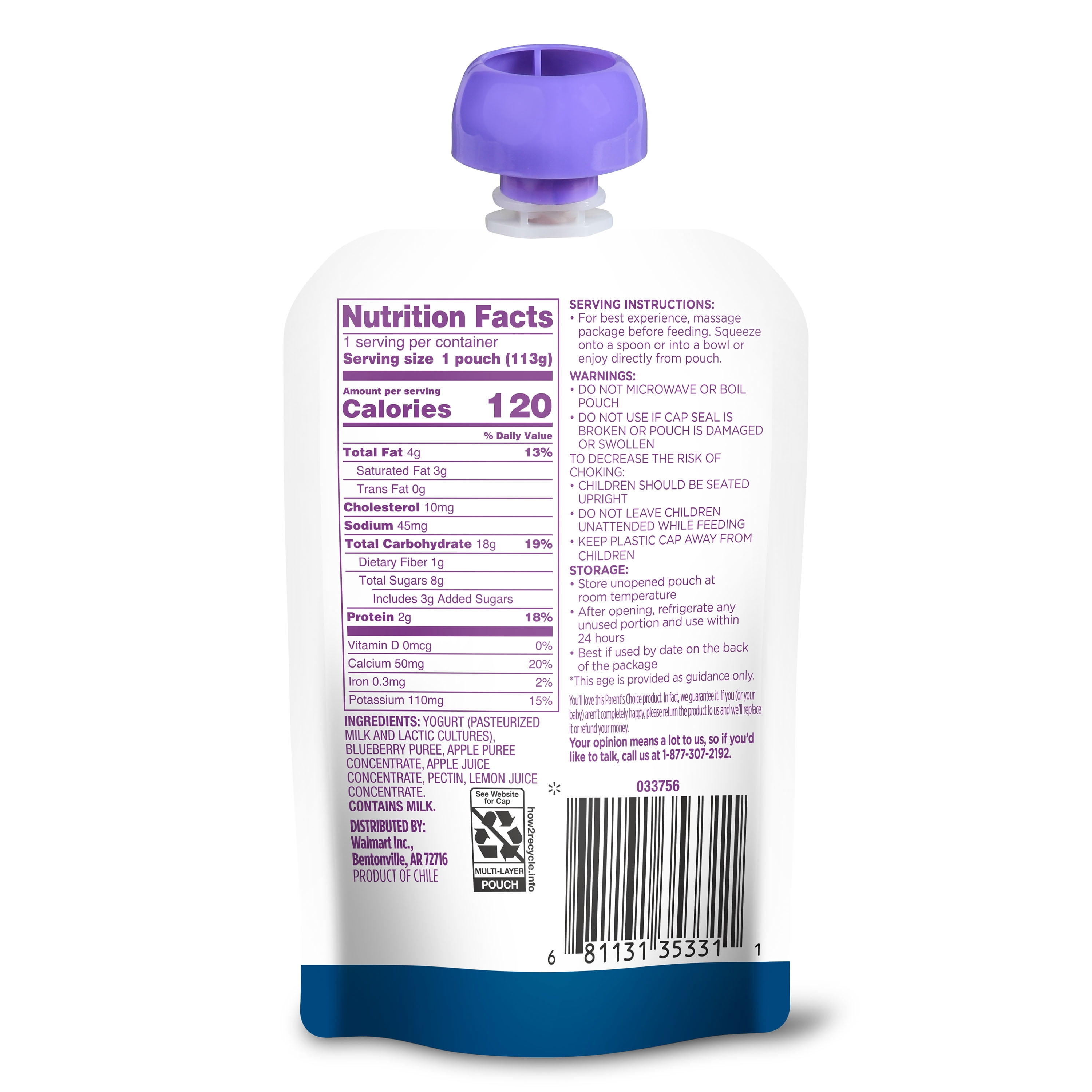 (6 pack) Parent's Choice Blueberry Smoothie Fruit Puree & Yogurt, 4 oz