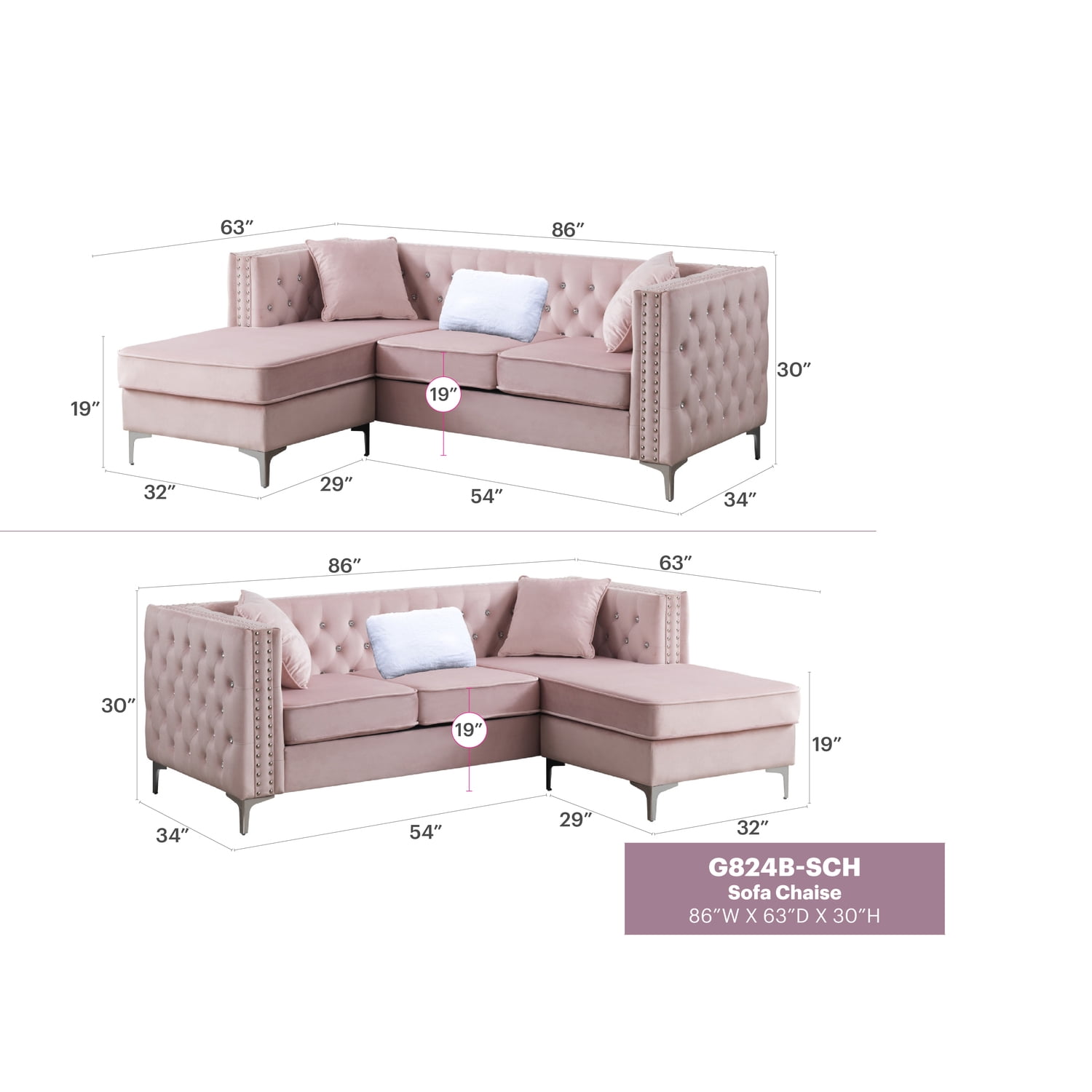 Glory Furniture Paige Velvet Sofa Chaise in Pink