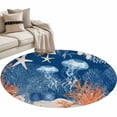 thumbnail image 2 of Summer Ocean Round Living Room Rugs 3.3 ft, Coastal Jellyfish Orange Corals Shells Dark Blue Washable Area Rug with Non-Slip Sturdy Edge Binding Round Front Door Mat Floor Carpet for Entryway, 2 of 9