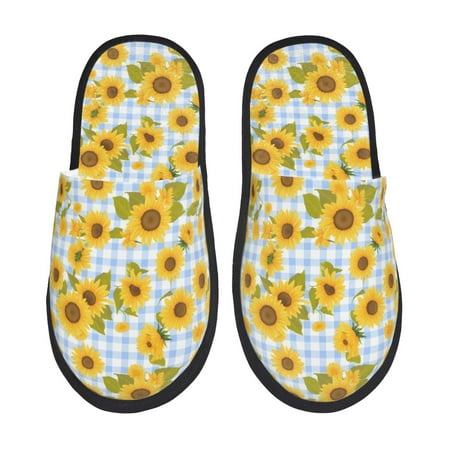 Balery Blue White Plaid Sunflower Slient Indoor Furry Fleece Comfort House Shoes Soft Non-Slip Home Shoes Cotton slippers House Slippers-- Medium