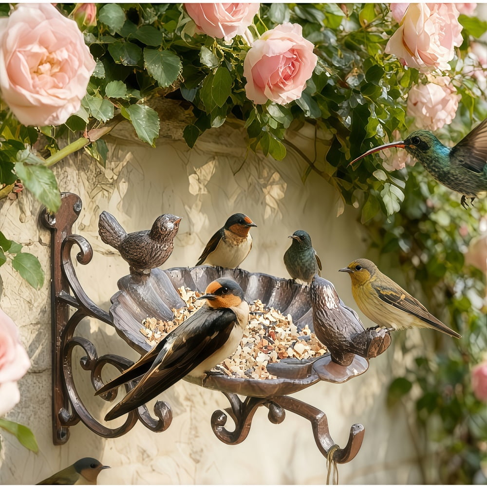 GYWHOOFT Wall Mounted Bird Feeder Cast Iron - Vintage Heavy Duty Outdoor Bird Feeding Station with Hanging Bracket, Decorative Garden Planter Holder for Patio, Yard, Window Decor
