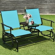 Gymax Patio 2-Person Glider Rocking Char Loveseat Garden w/ Tempered Glass Table Turquoise
