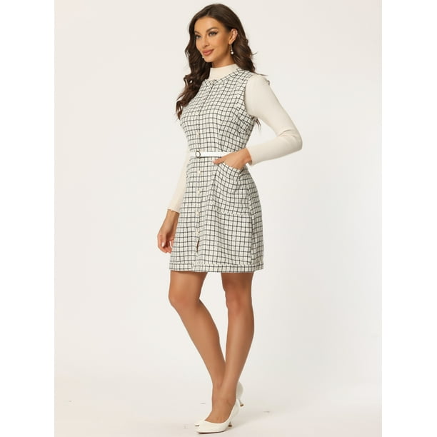Vestido Tweed Allegra K Mujer - Sin Mangas, Cuello Cuadrado, Línea A, Estampado Cuadros | Beige, Talla L