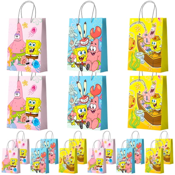 SpongeBob Party Gift Bags, 15 Pcs SpongeBob Favor Bags for Birthday Party/SpongeBob Favor Bags/Candy Bags/SpongeBob Paper Bags for Boys/Girls Kids SpongeBob Theme Birthday Party Decoration Supplies