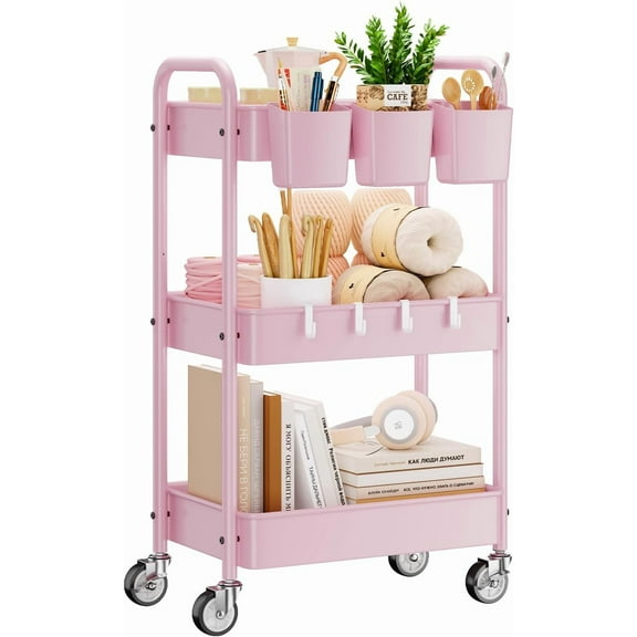 3-Tier Metal Rolling Cart, Heavy Duty Utility Cart with Lockable Wheels, Hanging Cups, Hooks, Mesh Rolling Storage Cart Craft Organizer, Lightweight and Sturdy, Pink