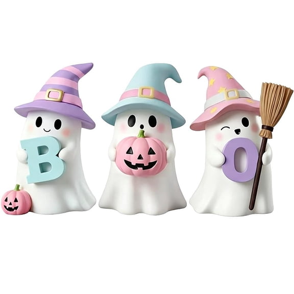 Halloween Ghost Figurines Set of 3, Boo Pastel Ghost Resin Statues, Cute Tiered Tray Tabletop Indoor Halloween Decorations