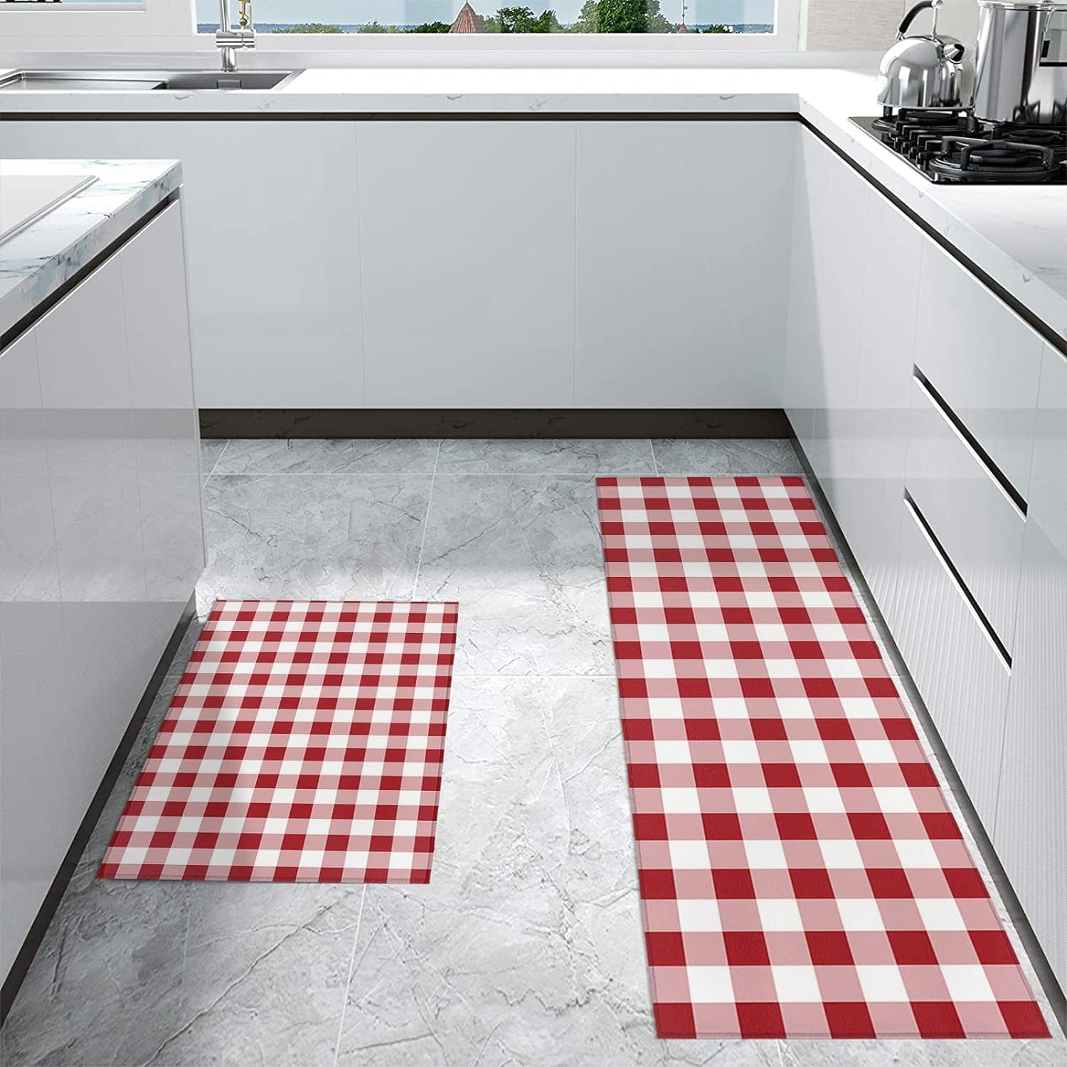 Kitchen Rugs and Mats 2 Pieces Red Buffalo Plaid Runner Rug Sets White Check Soft Comfort Standing Kitchen Mats for Floor Absorbent Area Rugs Carpet Non Slip Farmhouse Cushioned Doormat Home Decor