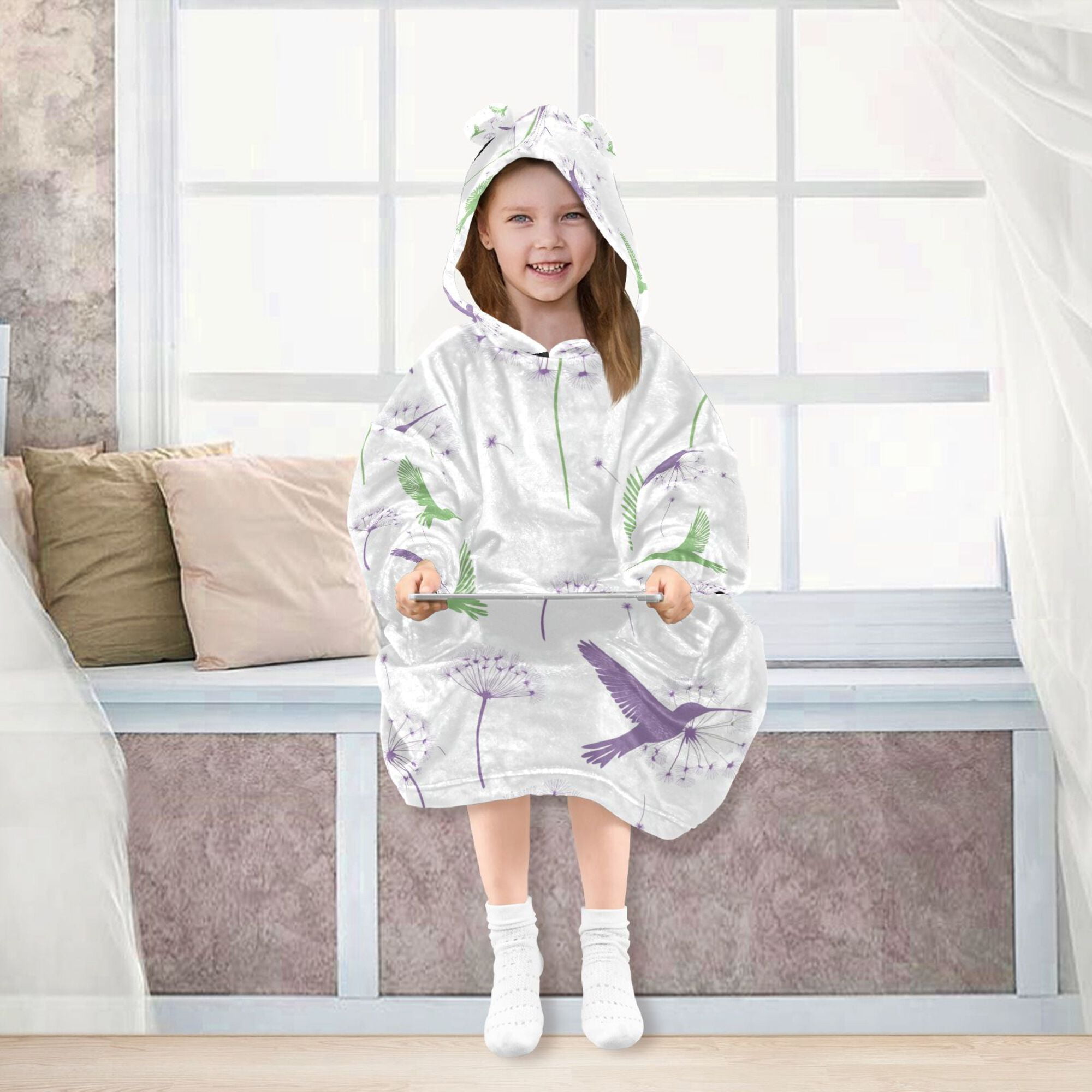 FORMRS Wearable Blanket Hoodie with Sleeves for Kids Cozy Flannel Sweatshirt, Purple Birds