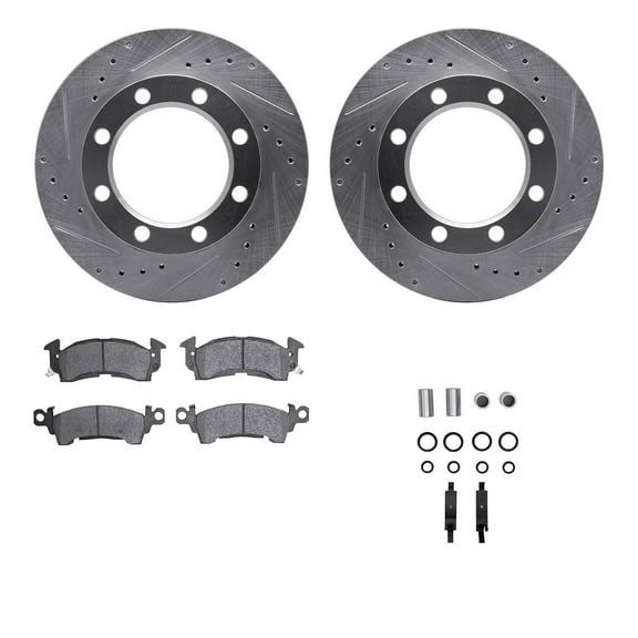 Dynamic Friction Company Front Brake Rotors-Drilled and Slotted-Silver with Heavy Duty Brake Pads includes Hardware 7212-48162