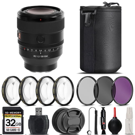 Sony FE 50mm f/1.2 GM Lens (Sony E)   4PC Macro Kit   UV, CPL, FLD Filter - 32GB Kit