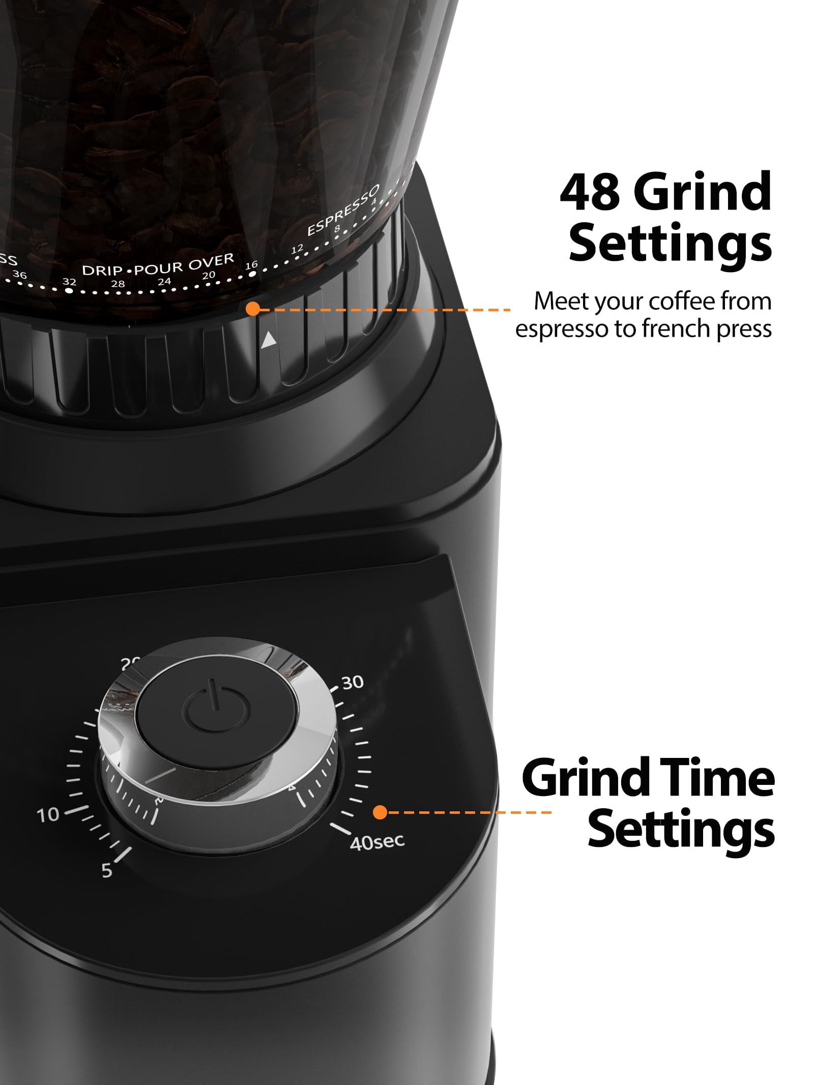 Aeitto Burr Coffee Grinder, Coffee Grinder for home use, Stainless Steel Coffee Grinder Electric, 48 Grind Settings, Espresso/Pour Over/French Press Coffee Maker, Black