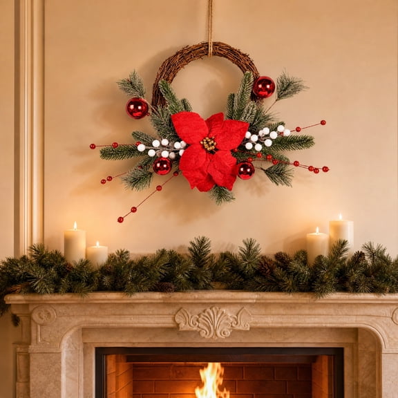 Bcylexb Christmas Rattan Wreaths for Front Door, 13.8" Artificial Poinsettia Wreaths with Red Ball Ornaments Hanging Door Wreath for Wall Window Porch Winter Decor