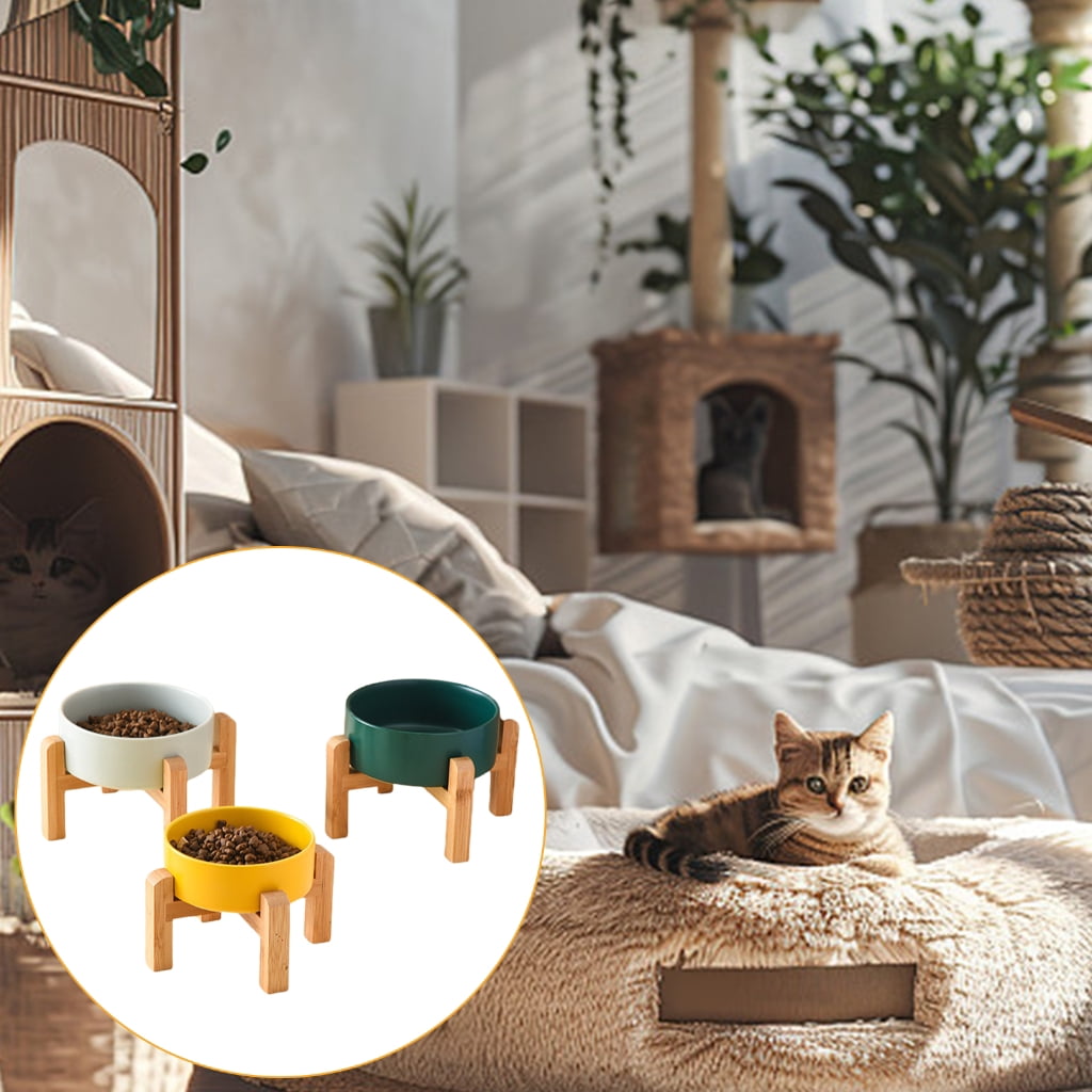 NonSlip Ceramic Pet Feeders Bowl Set Elevated Wood Double Bowl Dish Set Large Capacity Dog Cats Feeding Accessories