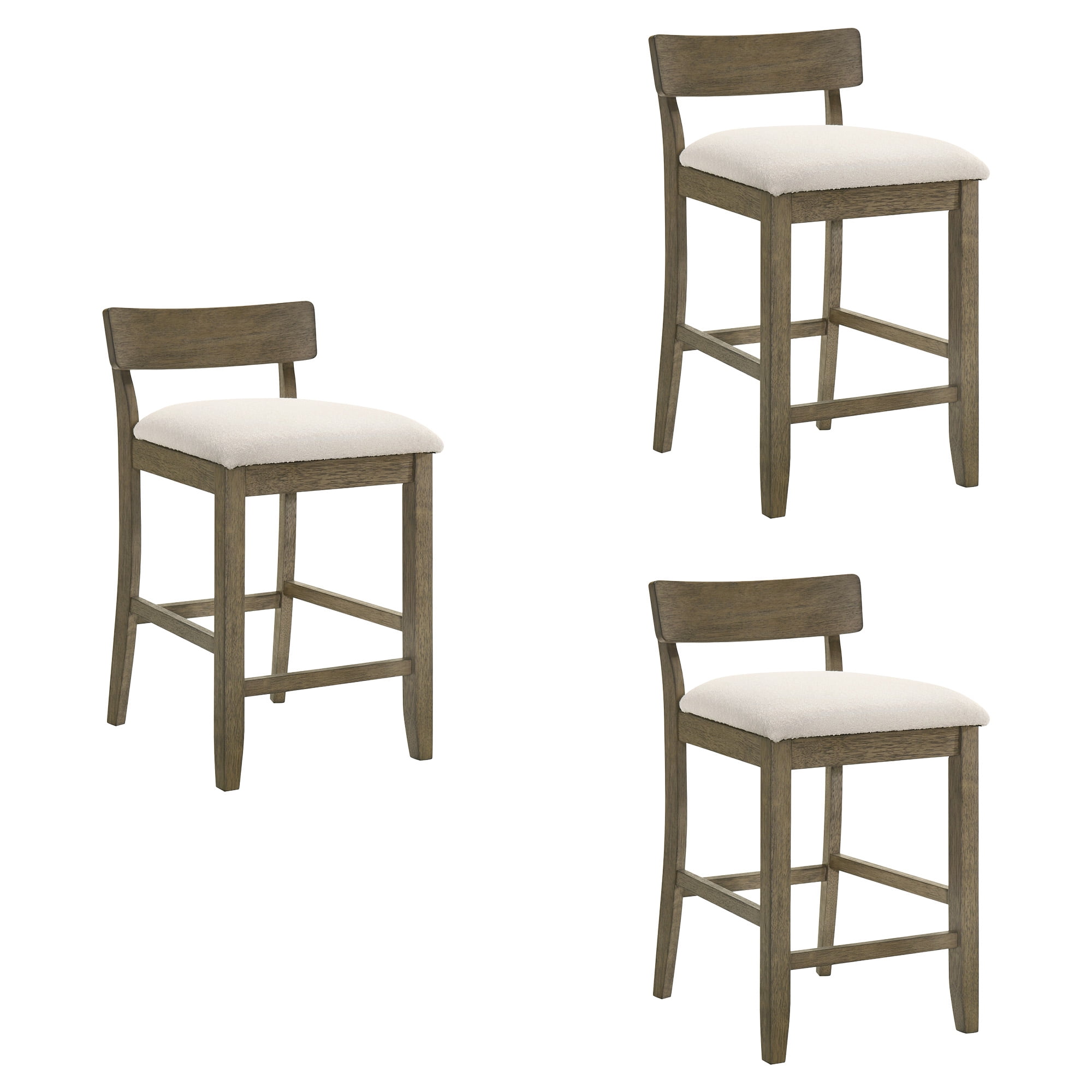 Merie Modern Transitional Wood Counter Height Kitchen Bar Stool in Putty Brown Finish with White Boucle Fabric Upholstered Seat - Set of 3