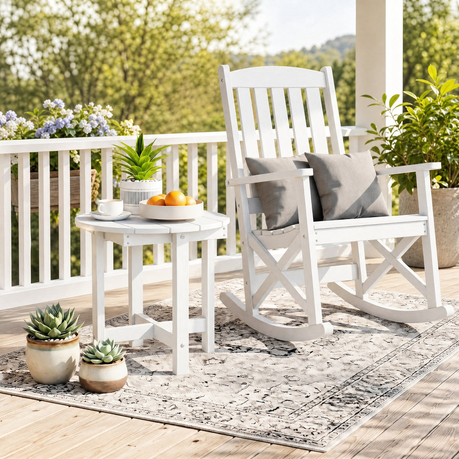 Biotree 18 Inch Adirondack Side Table Outdoor, All-Weather HIPS End Table with Wood-Grain Slatted Top and X-Base for Deck Porch Poolside, White