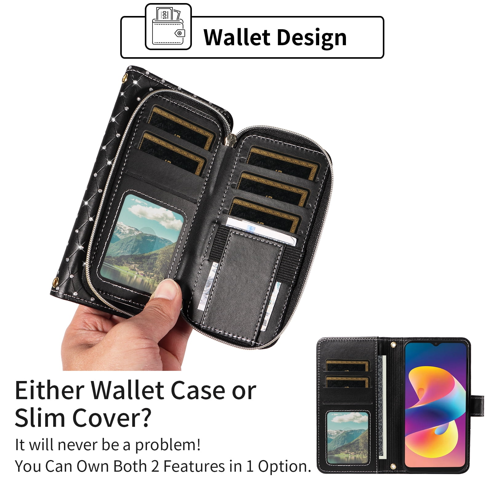 Asuwish Compatible with TCL 50 Le 5G Wallet Phone Case Tempered Glass Screen Protector Bling Glitter Crossbody Lanyard Strap Flip Zipper Purse Card Holder Cell Cover for Tcl 50Le Women Men Black